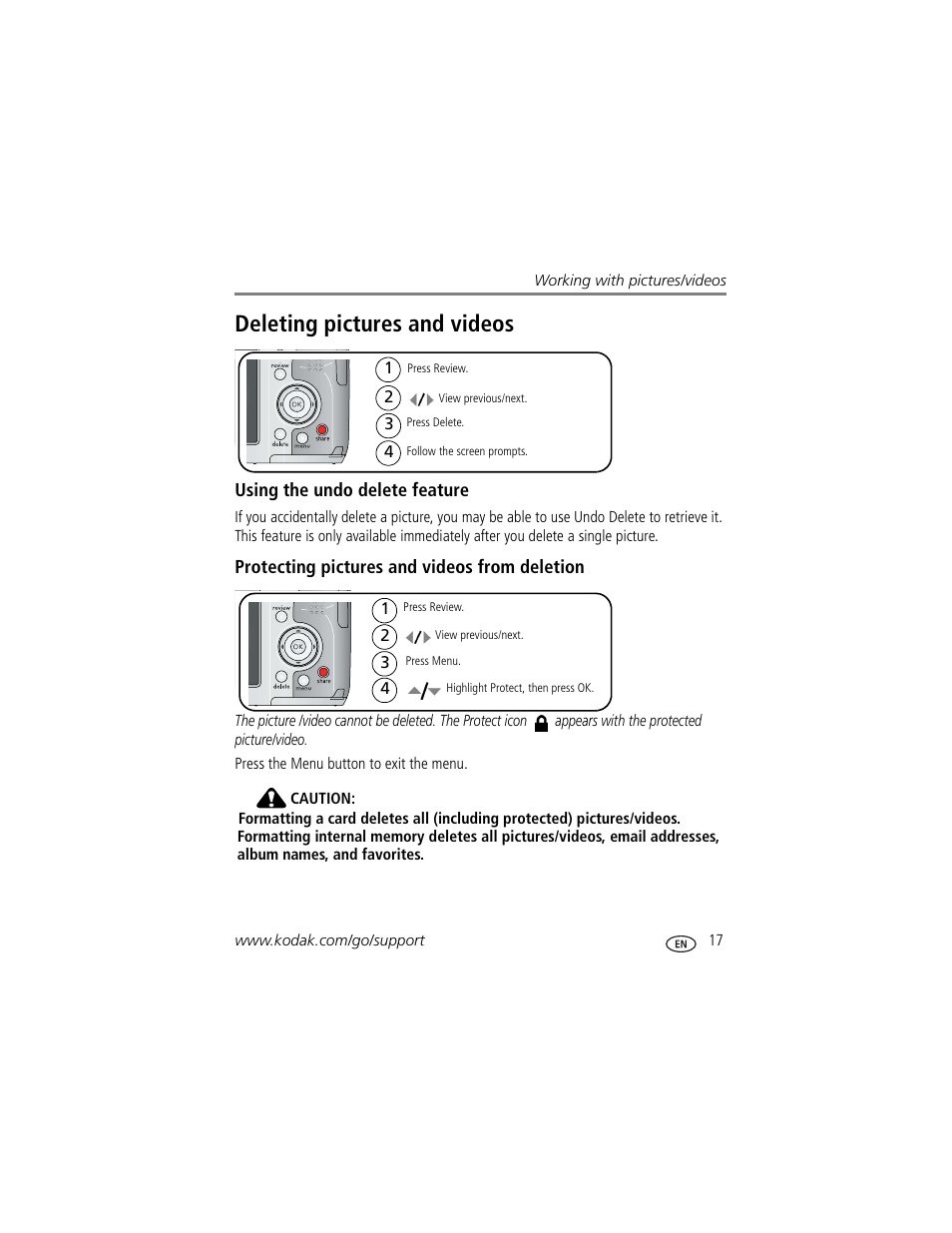 Deleting pictures and videos, Using the undo delete feature, Protecting pictures and videos from deletion | Kodak Z712 IS User Manual | Page 23 / 75