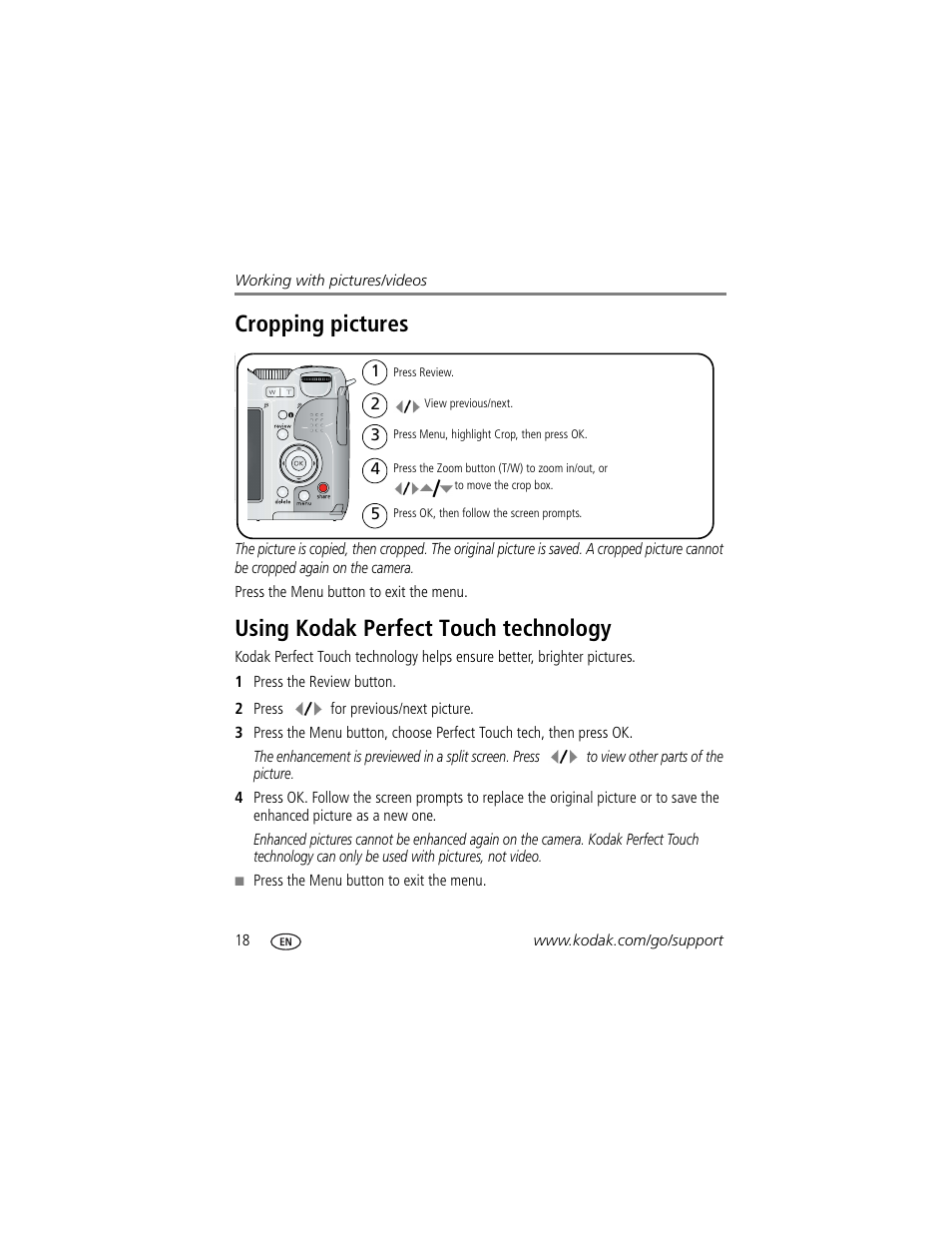 Cropping pictures, Using kodak perfect touch technology | Kodak Z712 IS User Manual | Page 24 / 75