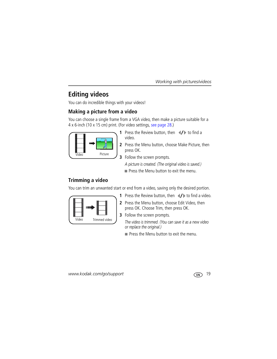 Editing videos, Making a picture from a video, Trimming a video | Kodak Z712 IS User Manual | Page 25 / 75