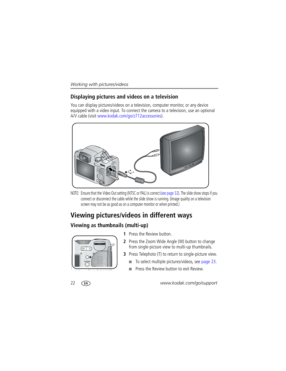 Displaying pictures and videos on a television, Viewing pictures/videos in different ways, Viewing as thumbnails (multi-up) | Kodak Z712 IS User Manual | Page 28 / 75
