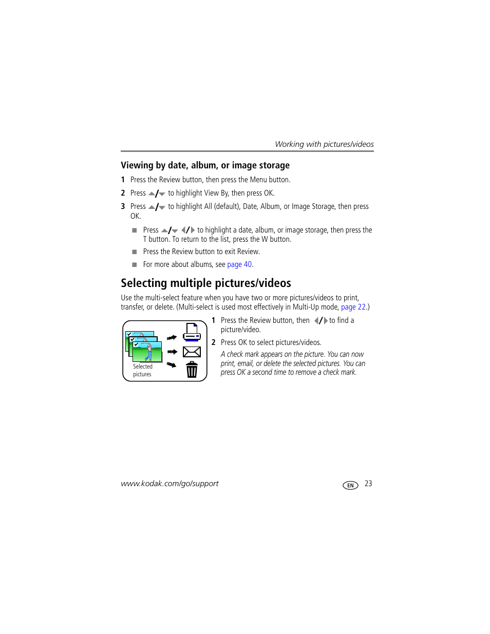 Viewing by date, album, or image storage, Selecting multiple pictures/videos | Kodak Z712 IS User Manual | Page 29 / 75