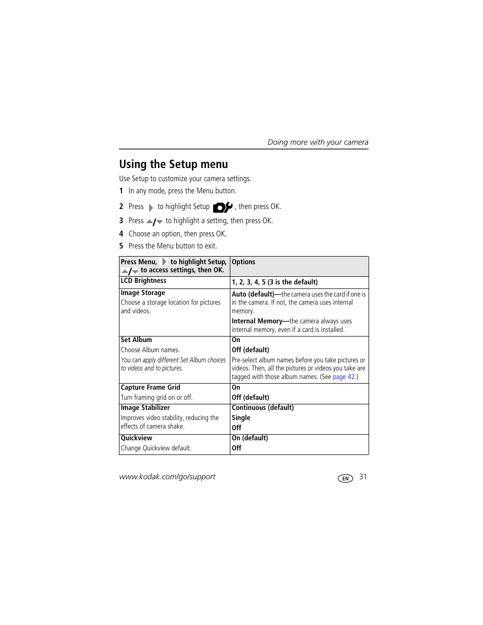 Using the setup menu | Kodak Z712 IS User Manual | Page 37 / 75