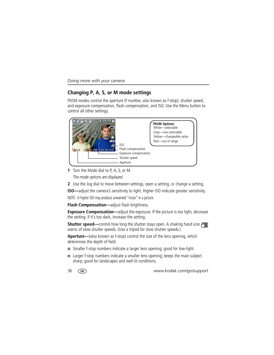 Changing p, a, s, or m mode settings | Kodak Z712 IS User Manual | Page 42 / 75