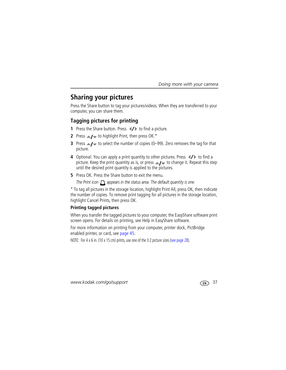Sharing your pictures, Tagging pictures for printing, Printing tagged pictures | Kodak Z712 IS User Manual | Page 43 / 75