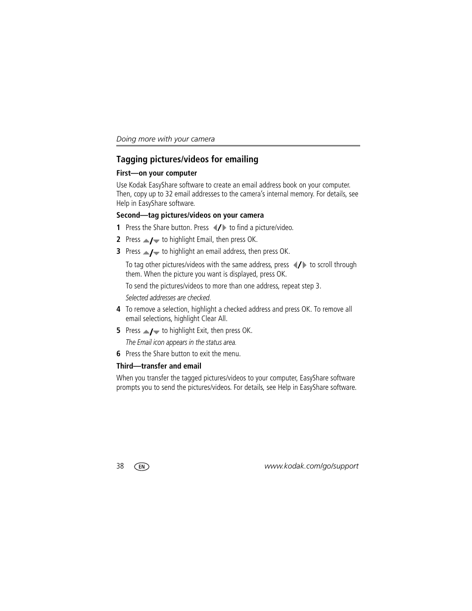 Tagging pictures/videos for emailing, First-on your computer, Second-tag pictures/videos on your camera | Third-transfer and email | Kodak Z712 IS User Manual | Page 44 / 75
