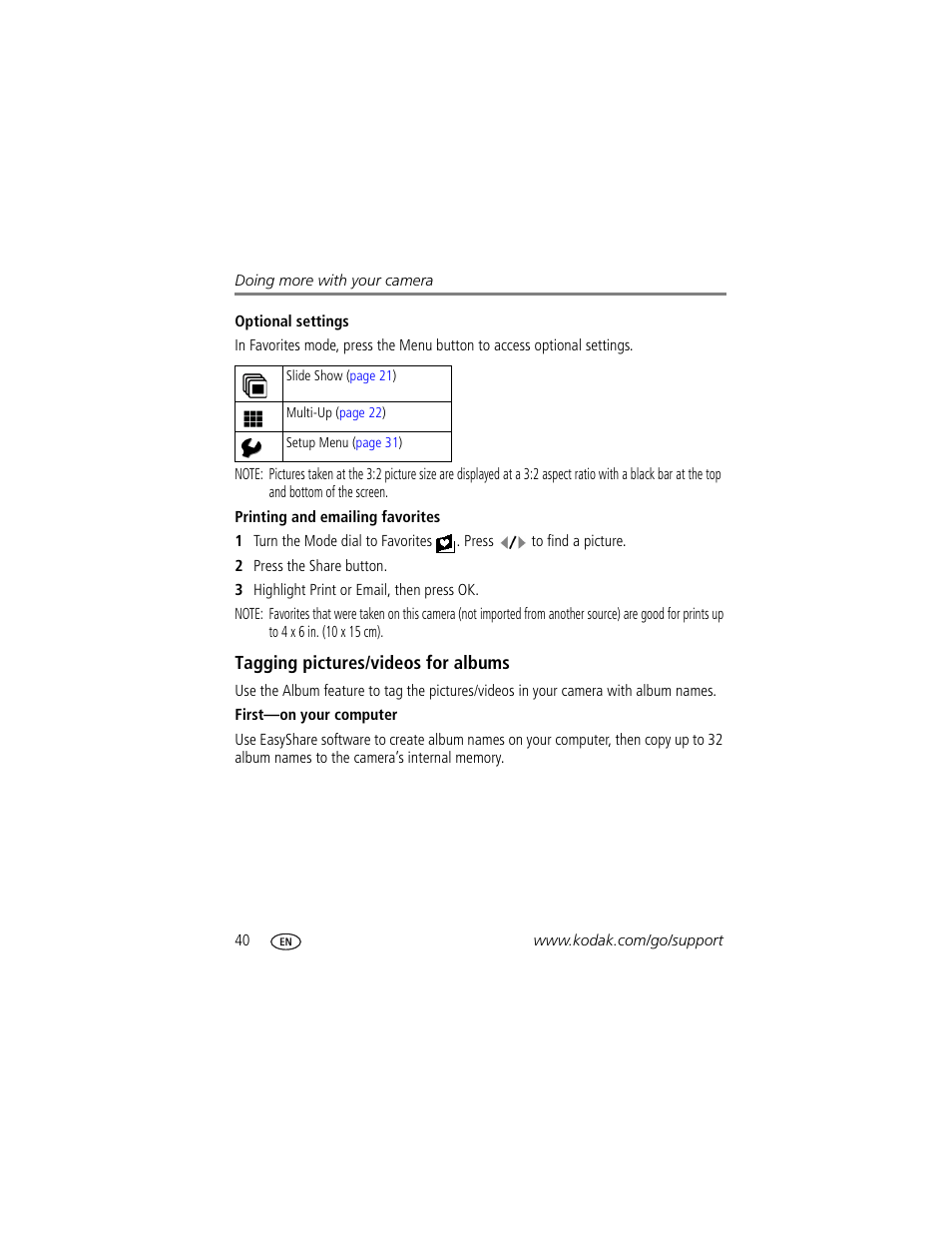 Optional settings, Printing and emailing favorites, Tagging pictures/videos for albums | First-on your computer | Kodak Z712 IS User Manual | Page 46 / 75