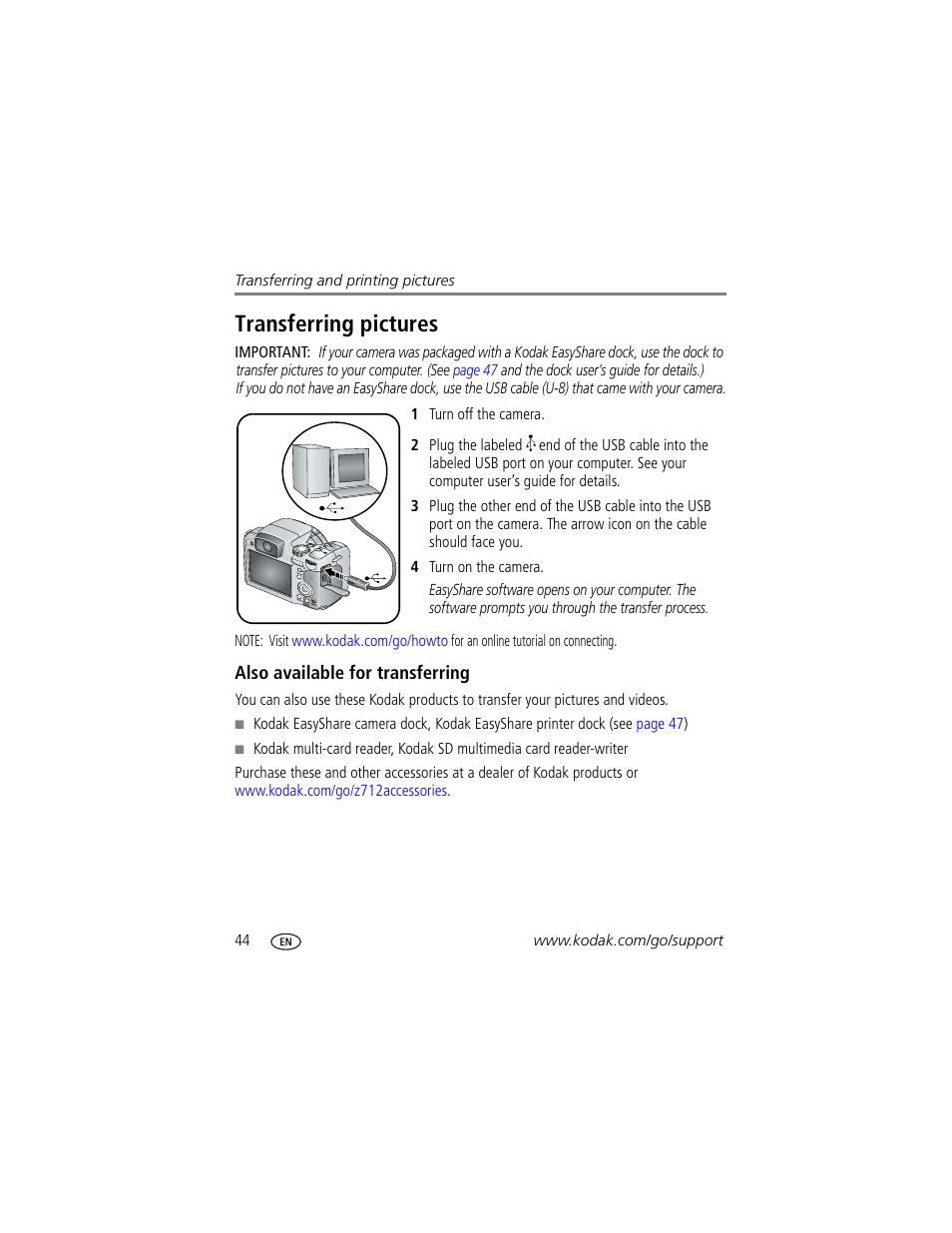 Transferring pictures, Also available for transferring | Kodak Z712 IS User Manual | Page 50 / 75