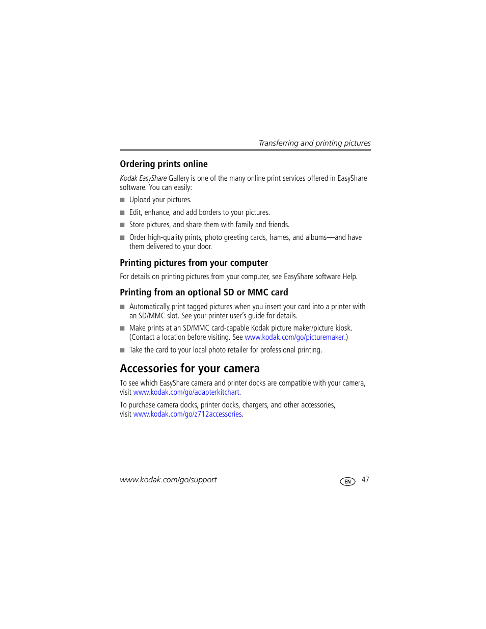 Ordering prints online, Printing pictures from your computer, Printing from an optional sd or mmc card | Accessories for your camera, And the | Kodak Z712 IS User Manual | Page 53 / 75