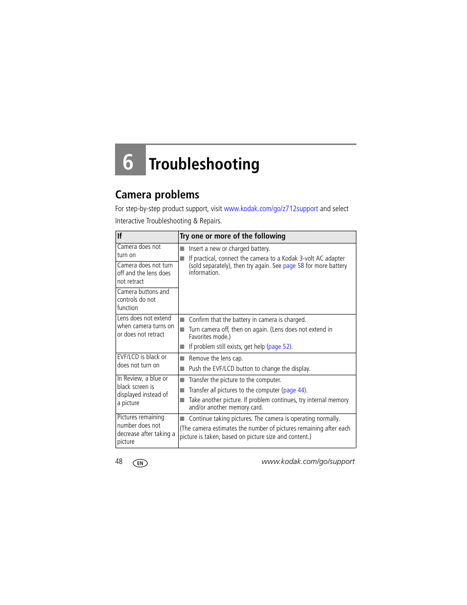Troubleshooting, Camera problems, 6 troubleshooting | Kodak Z712 IS User Manual | Page 54 / 75
