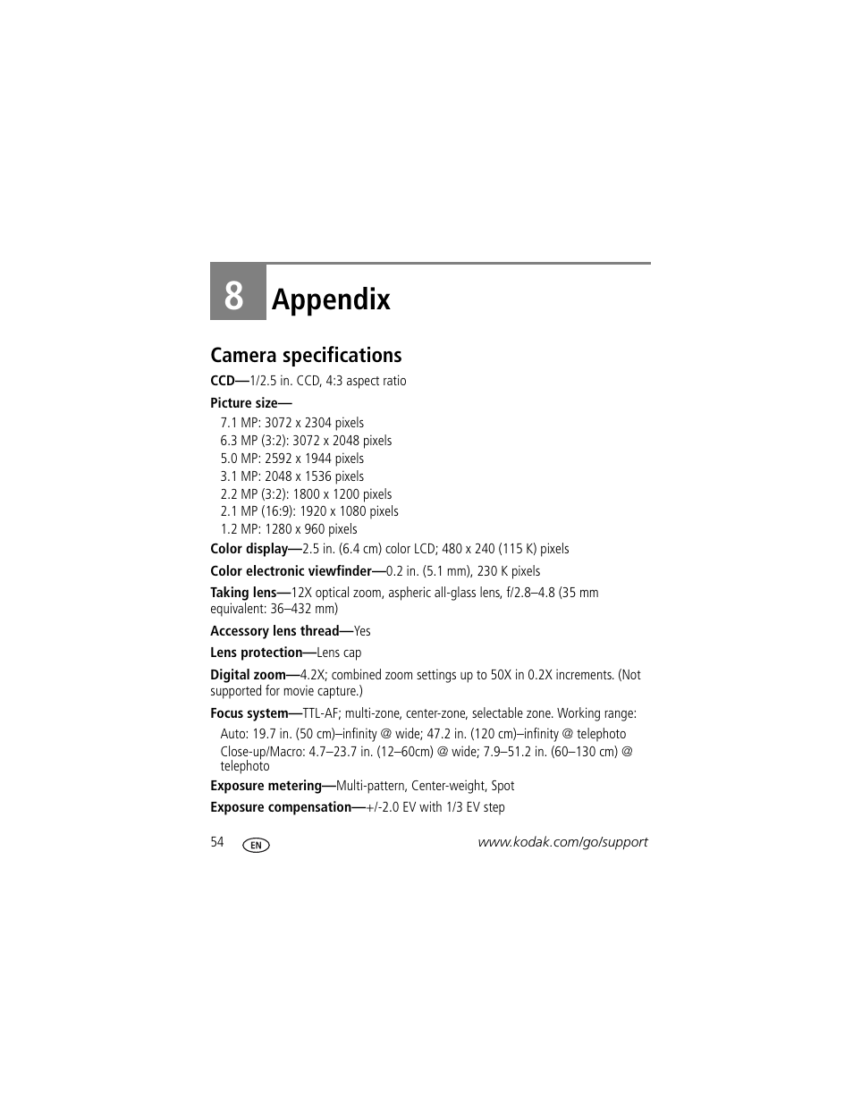 Appendix, Camera specifications, 8 appendix | Kodak Z712 IS User Manual | Page 60 / 75