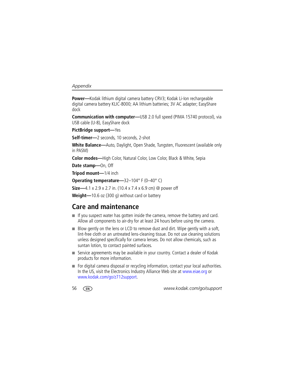 Care and maintenance | Kodak Z712 IS User Manual | Page 62 / 75