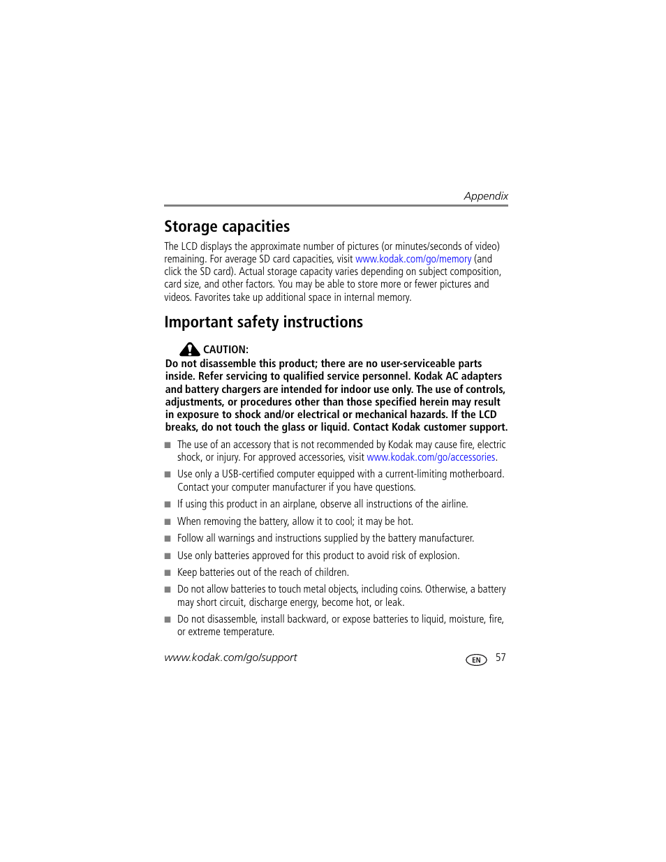 Storage capacities, Important safety instructions, Storage capacities important safety instructions | Kodak Z712 IS User Manual | Page 63 / 75