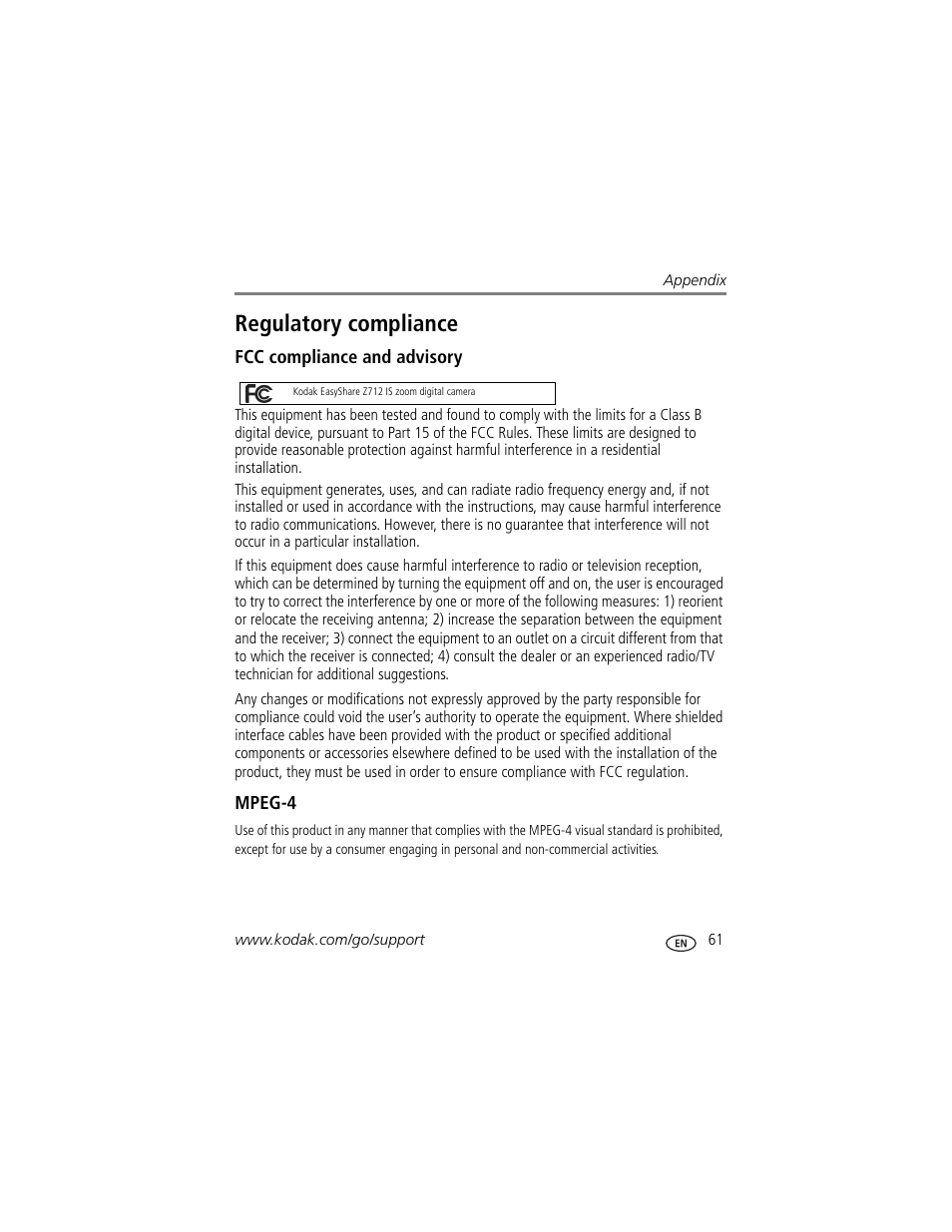 Regulatory compliance, Fcc compliance and advisory, Mpeg-4 | Kodak Z712 IS User Manual | Page 67 / 75