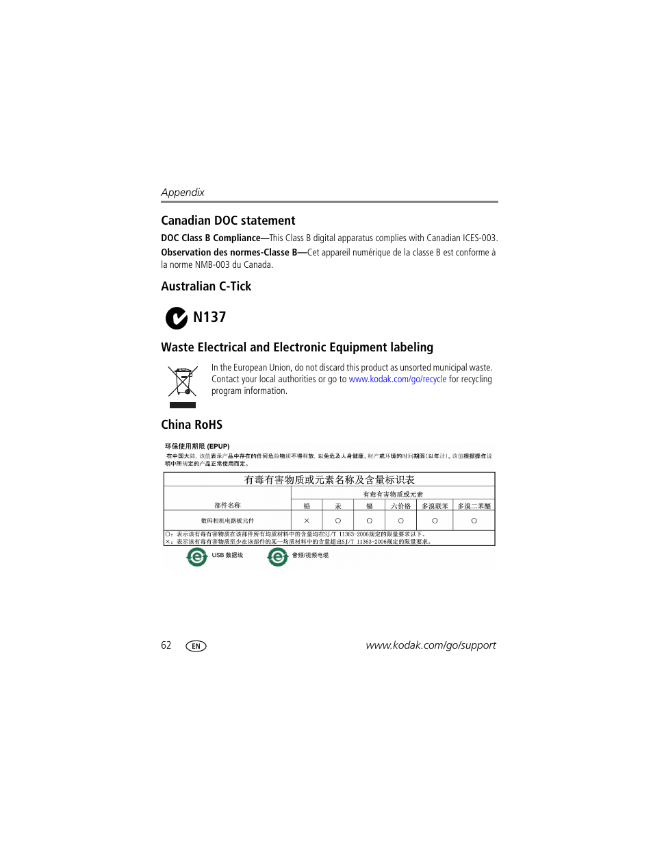 Canadian doc statement, Australian c-tick, Waste electrical and electronic equipment labeling | China rohs, N137 | Kodak Z712 IS User Manual | Page 68 / 75