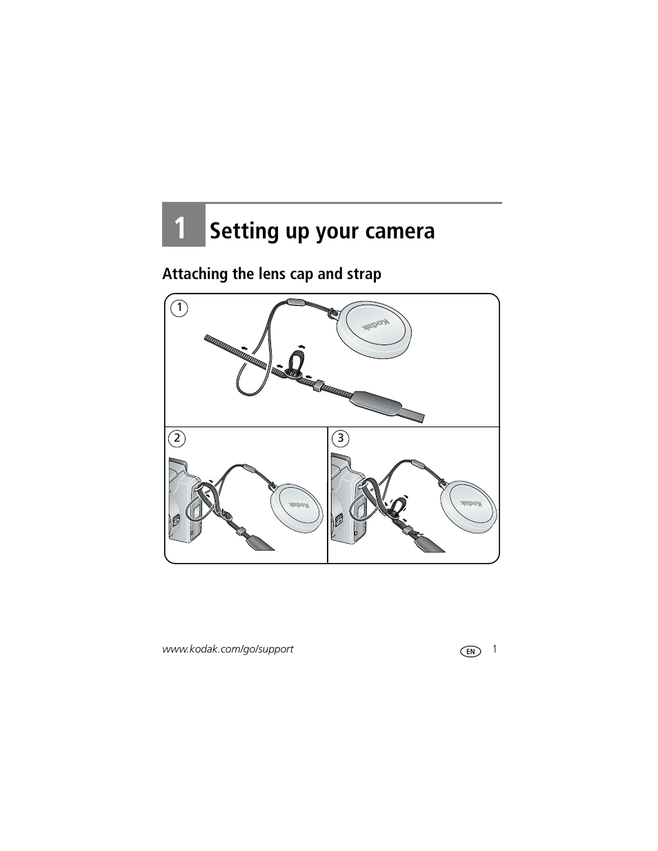 Setting up your camera, Attaching the lens cap and strap, 1 setting up your camera | Kodak Z712 IS User Manual | Page 7 / 75