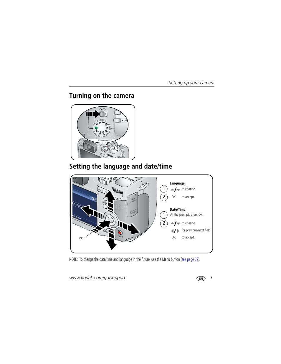 Turning on the camera, Setting the language and date/time | Kodak Z712 IS User Manual | Page 9 / 75