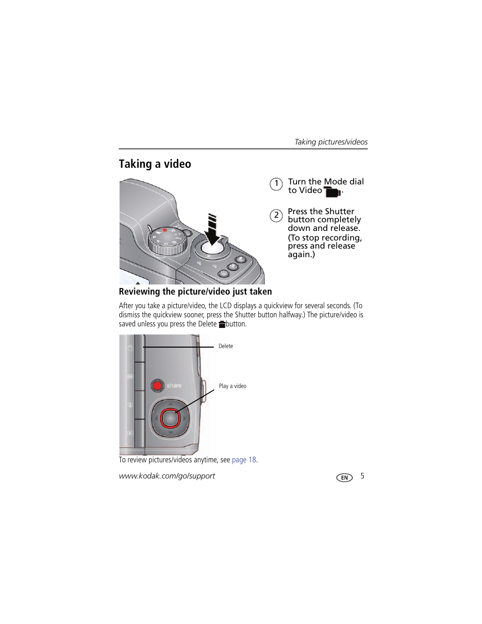 Taking a video, Reviewing the picture/video just taken | Kodak ZD15 User Manual | Page 11 / 74