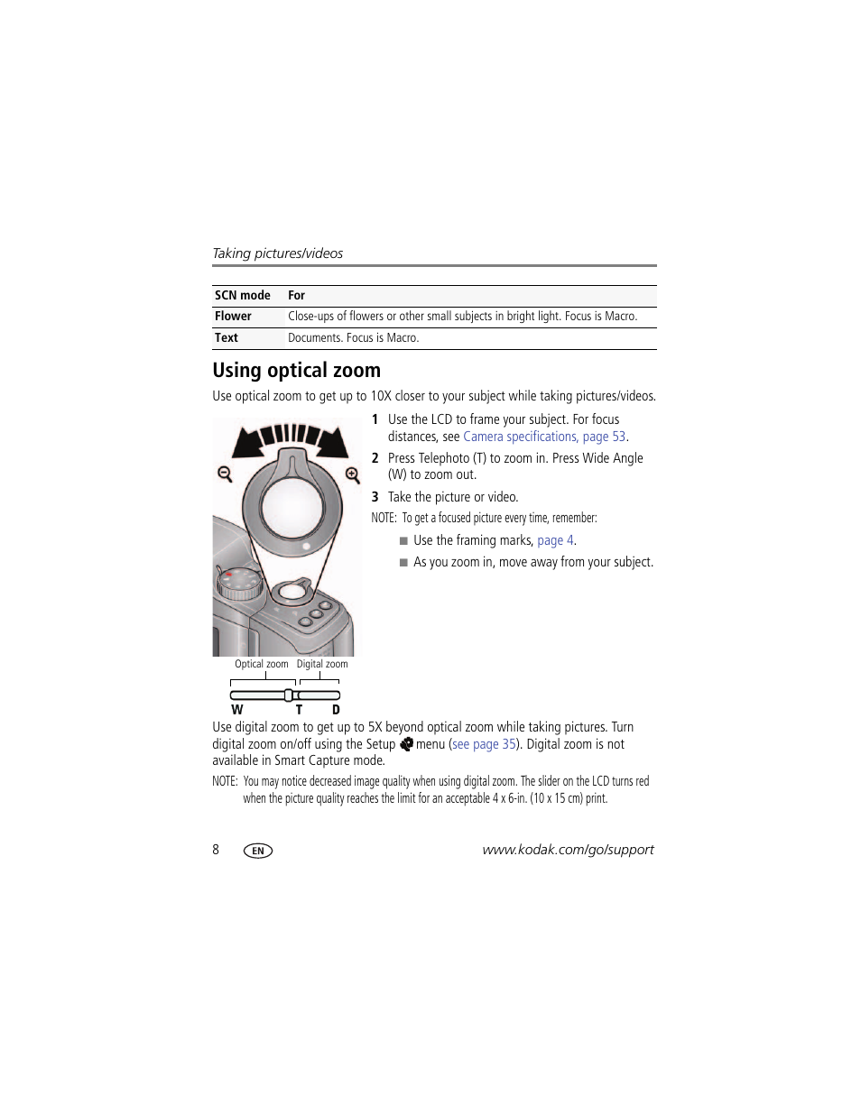 Using optical zoom | Kodak ZD15 User Manual | Page 14 / 74