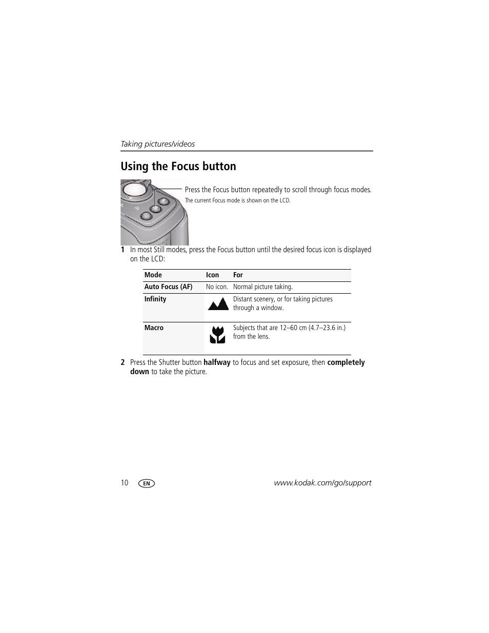 Using the focus button | Kodak ZD15 User Manual | Page 16 / 74