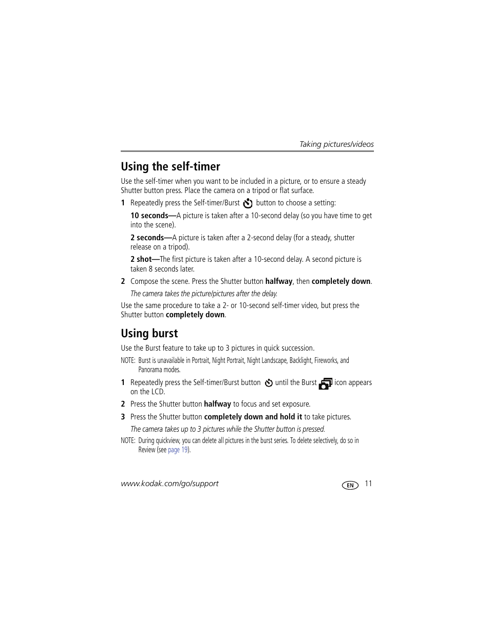 Using the self-timer, Using burst, Using the self-timer using burst | Kodak ZD15 User Manual | Page 17 / 74