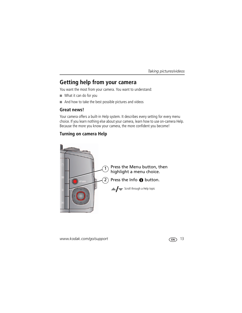 Getting help from your camera, Great news, Turning on camera help | Kodak ZD15 User Manual | Page 19 / 74