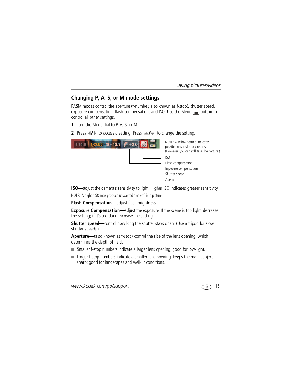 Changing p, a, s, or m mode settings | Kodak ZD15 User Manual | Page 21 / 74
