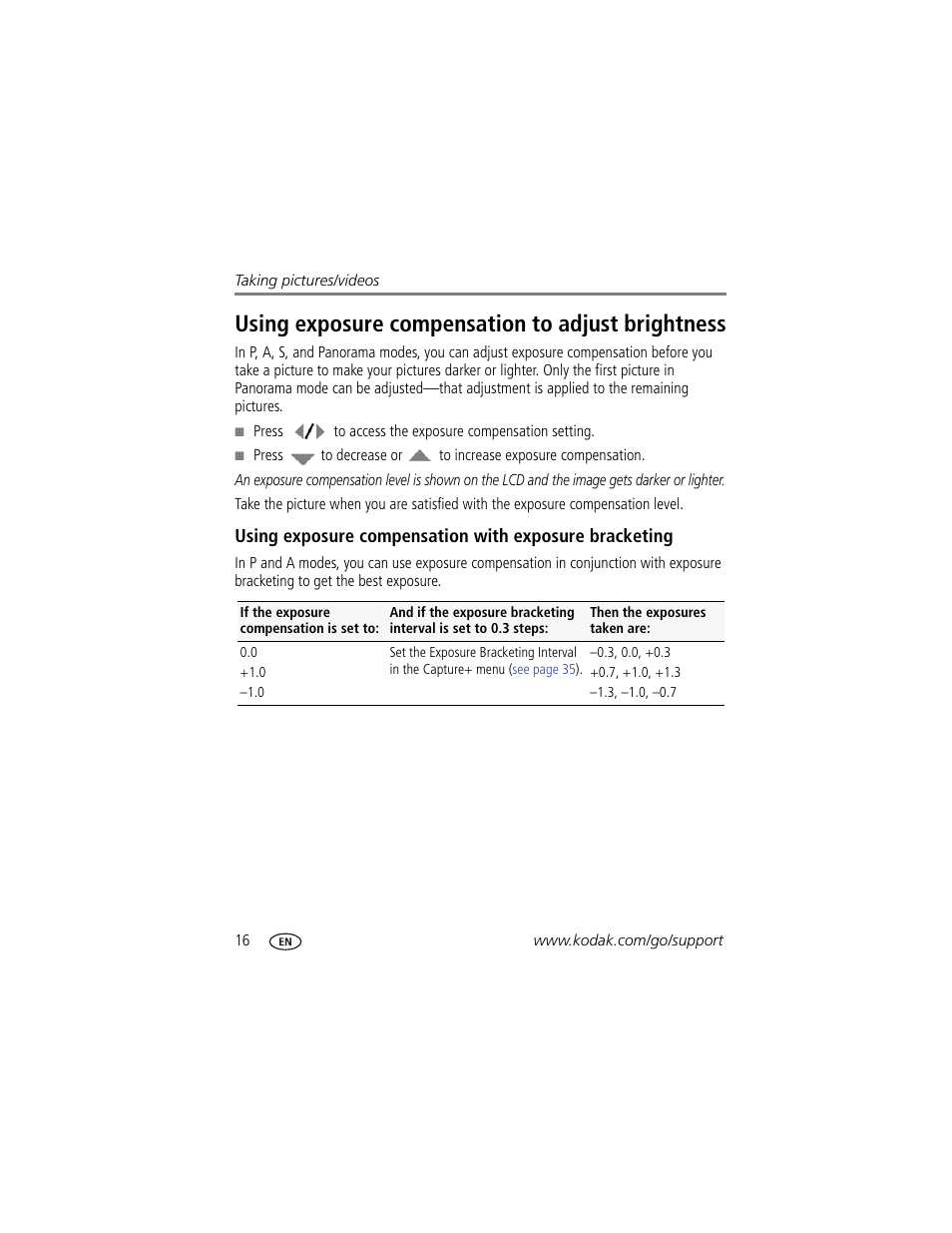 Using exposure compensation to adjust brightness | Kodak ZD15 User Manual | Page 22 / 74