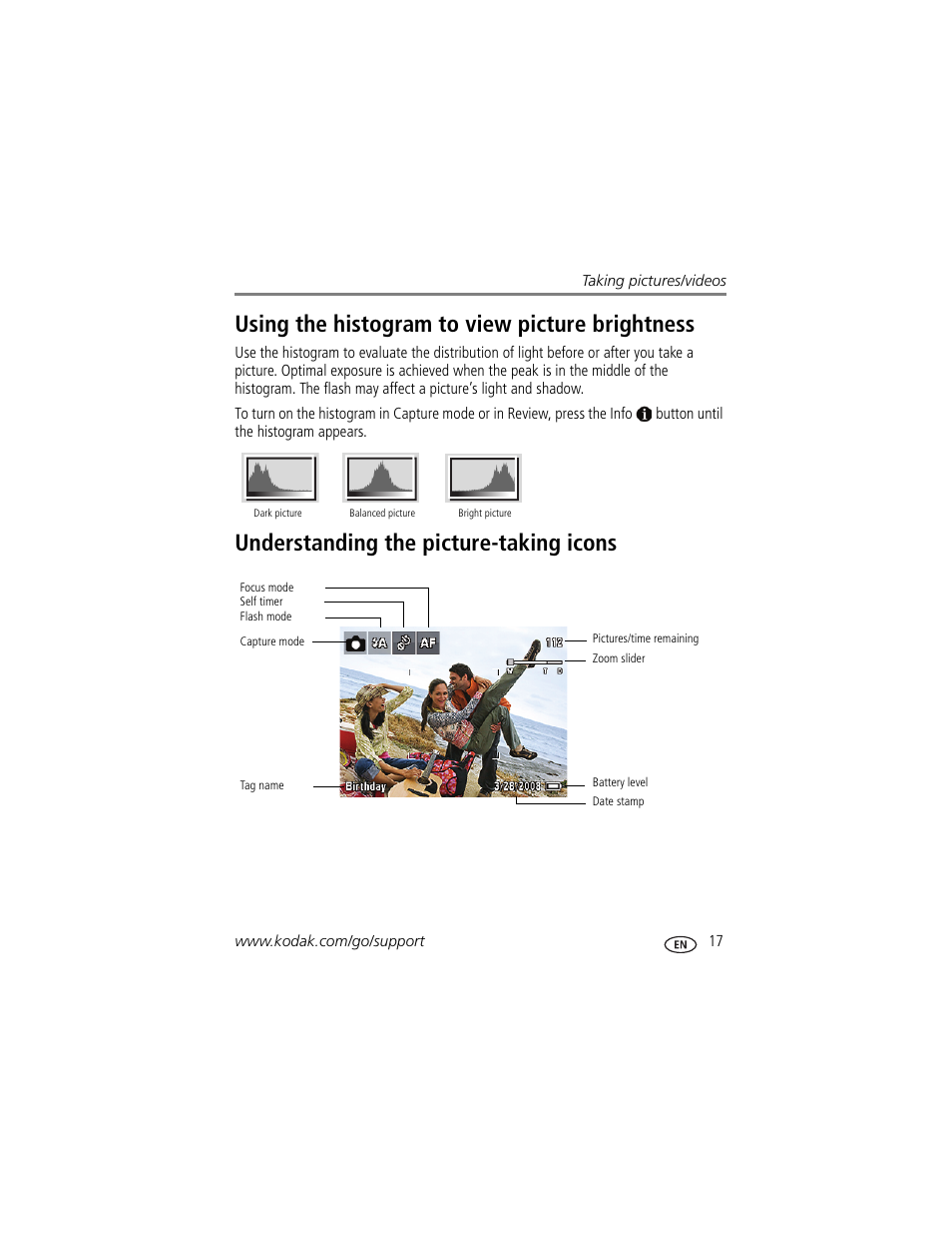 Using the histogram to view picture brightness, Understanding the picture-taking icons | Kodak ZD15 User Manual | Page 23 / 74