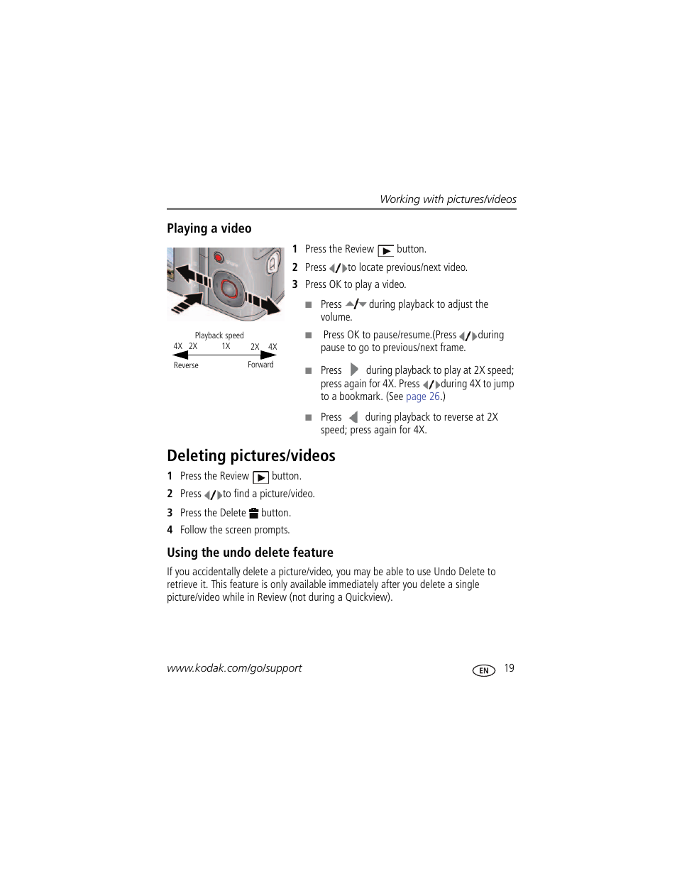 Playing a video, Deleting pictures/videos, Using the undo delete feature | Kodak ZD15 User Manual | Page 25 / 74