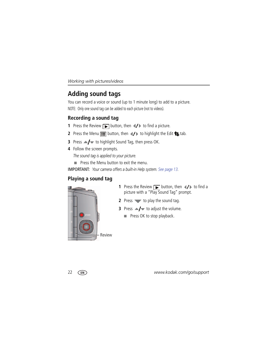 Adding sound tags, Recording a sound tag, Playing a sound tag | Kodak ZD15 User Manual | Page 28 / 74