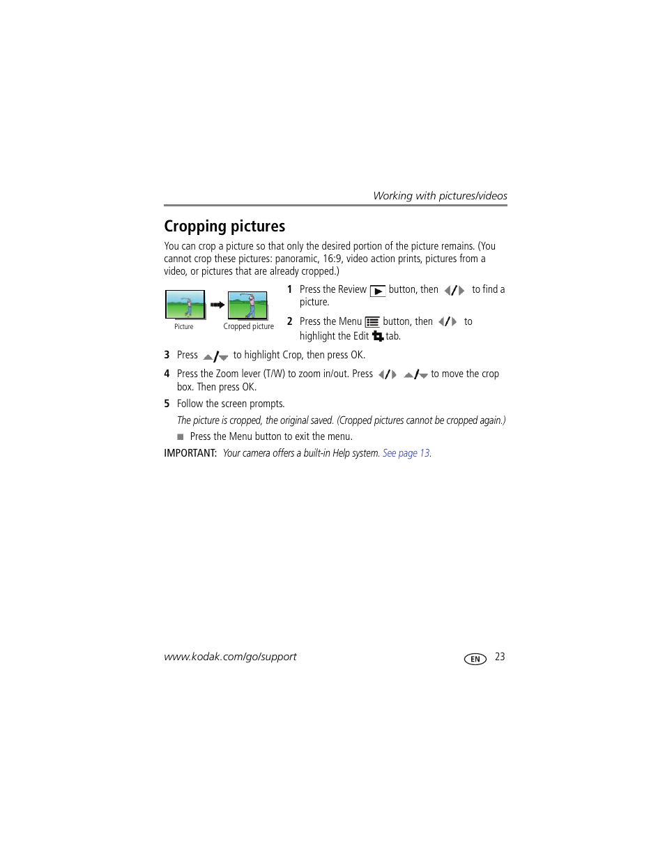 Cropping pictures | Kodak ZD15 User Manual | Page 29 / 74