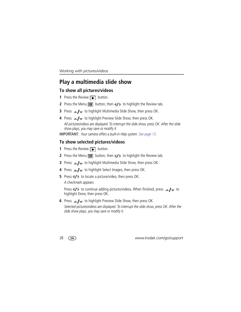Play a multimedia slide show, To show all pictures/videos, To show selected pictures/videos | Kodak ZD15 User Manual | Page 34 / 74