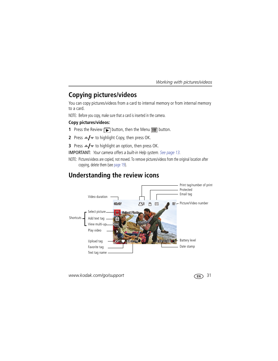 Copying pictures/videos, Understanding the review icons | Kodak ZD15 User Manual | Page 37 / 74