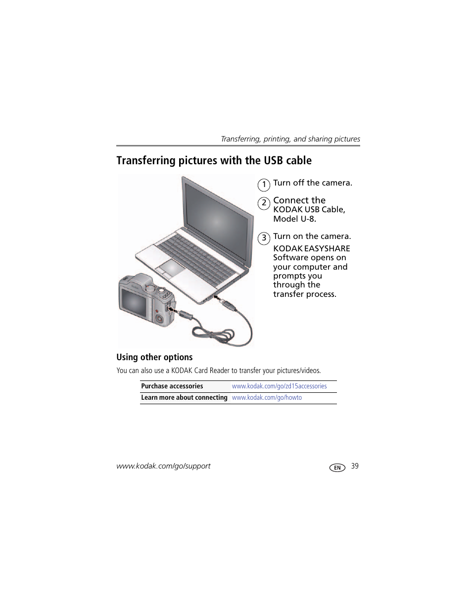 Transferring pictures with the usb cable, Using other options | Kodak ZD15 User Manual | Page 45 / 74