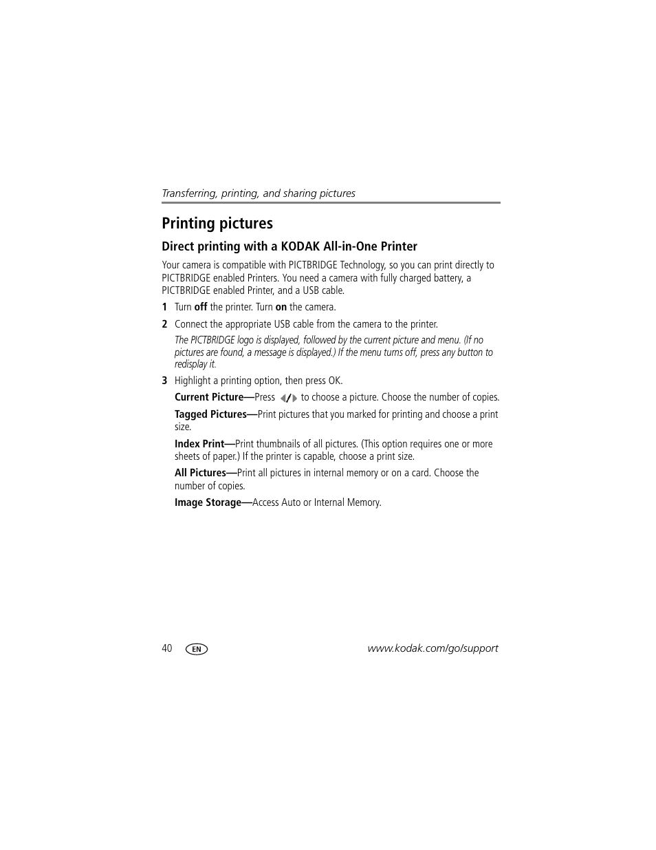 Printing pictures, Direct printing with a kodak all-in-one printer | Kodak ZD15 User Manual | Page 46 / 74