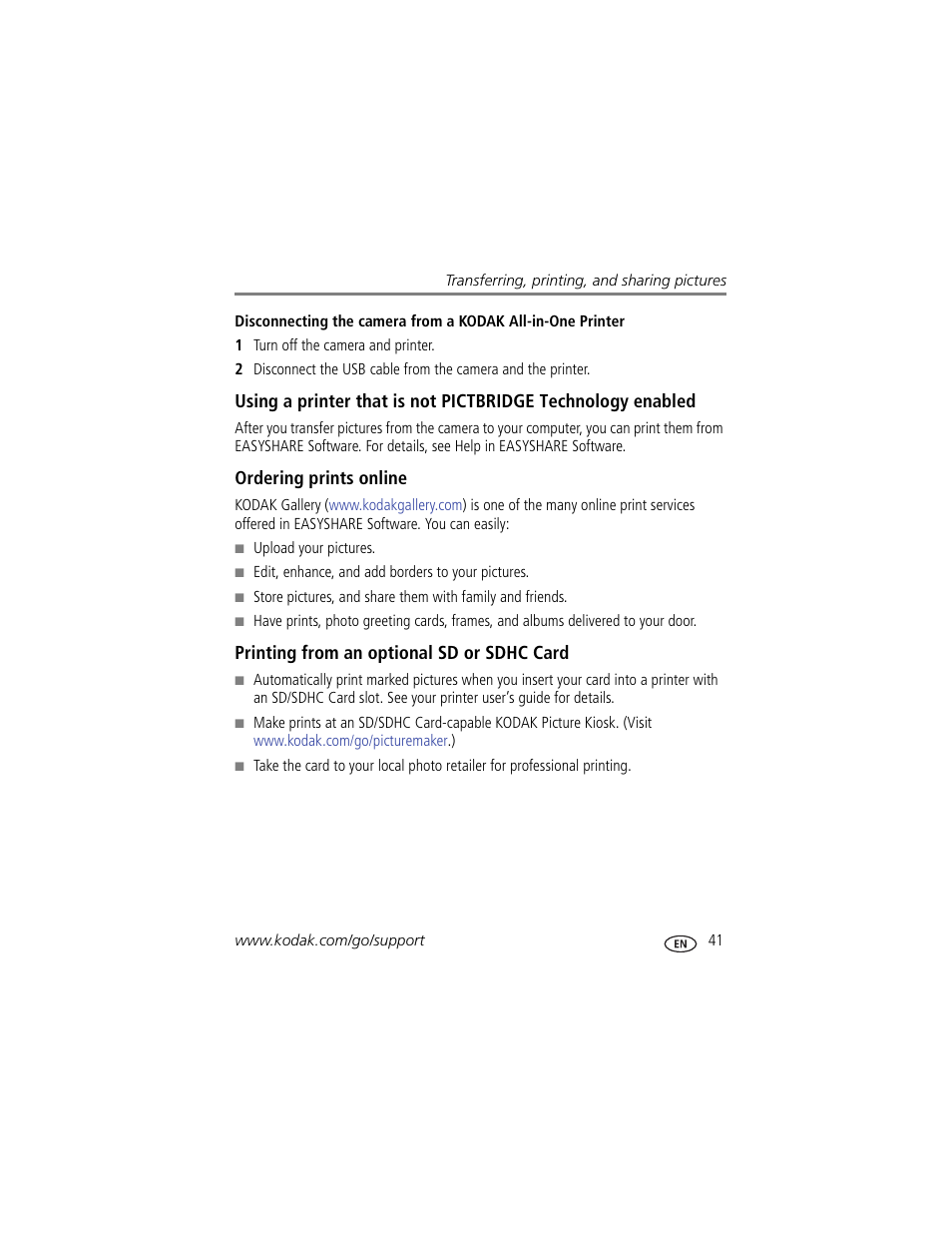 Ordering prints online, Printing from an optional sd or sdhc card | Kodak ZD15 User Manual | Page 47 / 74