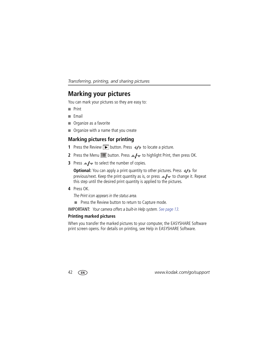 Marking your pictures, Marking pictures for printing, Printing marked pictures | Kodak ZD15 User Manual | Page 48 / 74