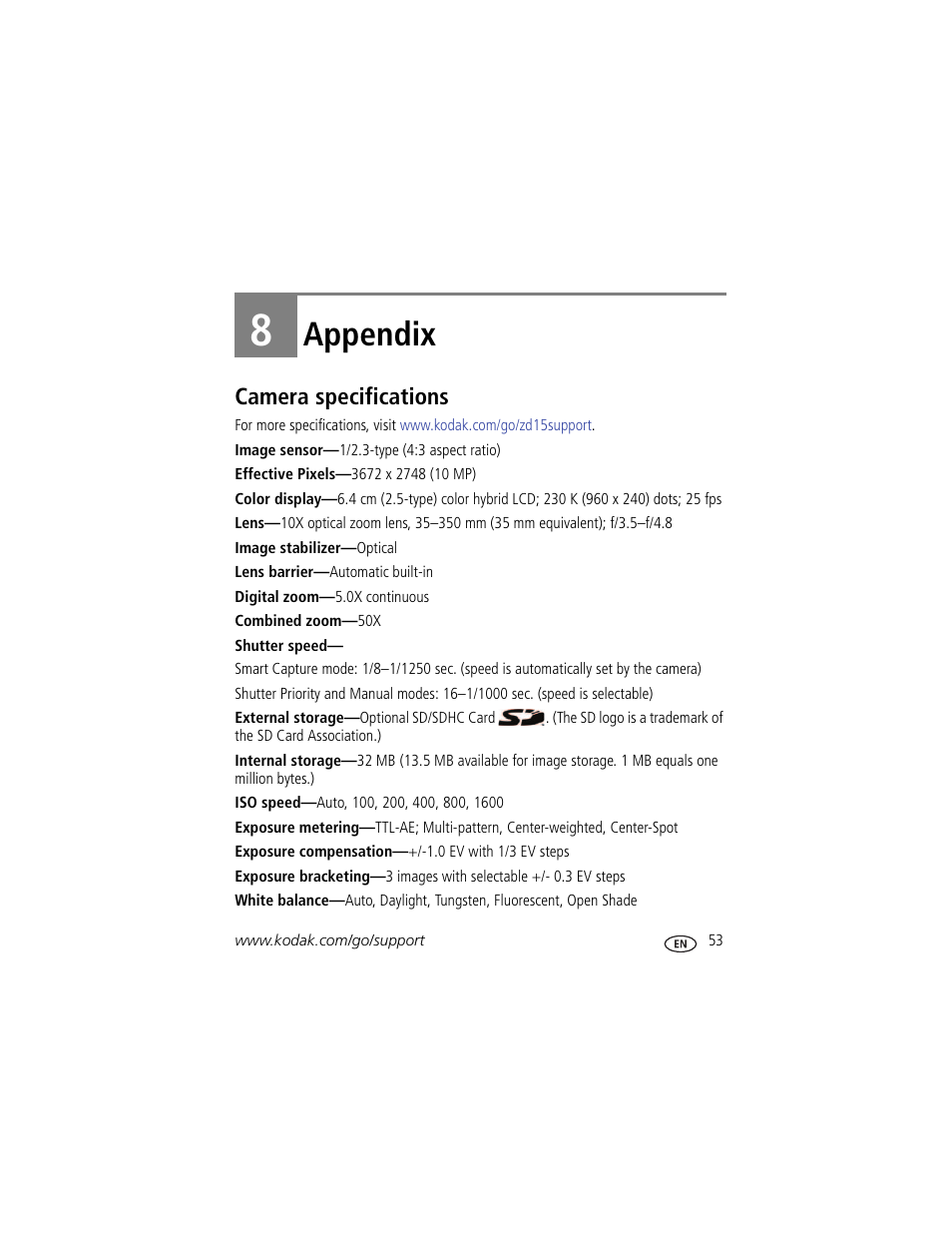 Appendix, Camera specifications, 8 appendix | Kodak ZD15 User Manual | Page 59 / 74