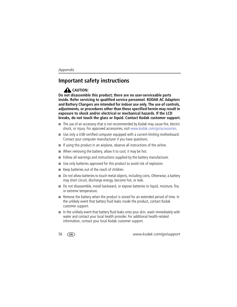Important safety instructions | Kodak ZD15 User Manual | Page 62 / 74