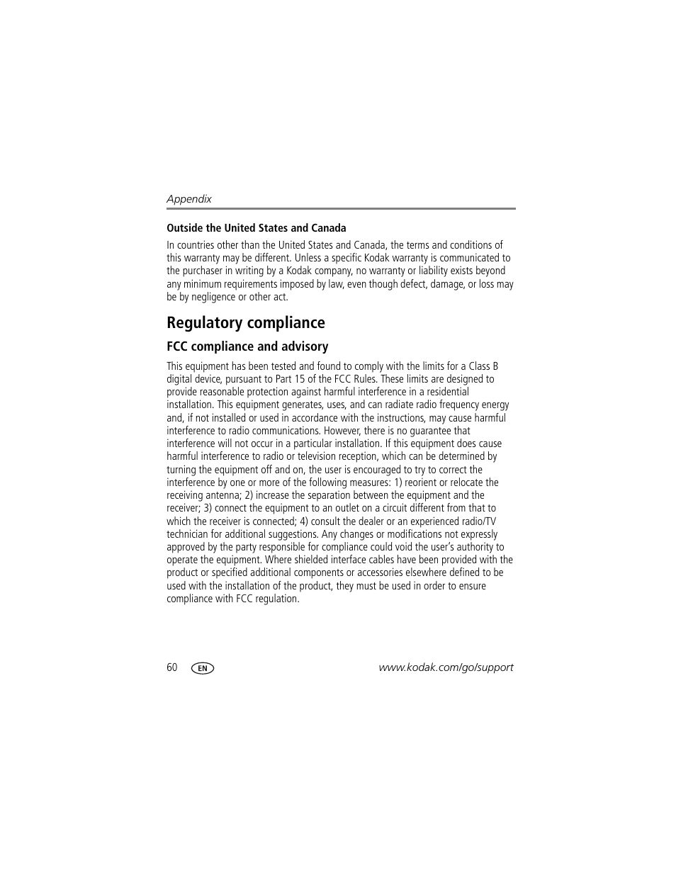 Regulatory compliance, Fcc compliance and advisory | Kodak ZD15 User Manual | Page 66 / 74