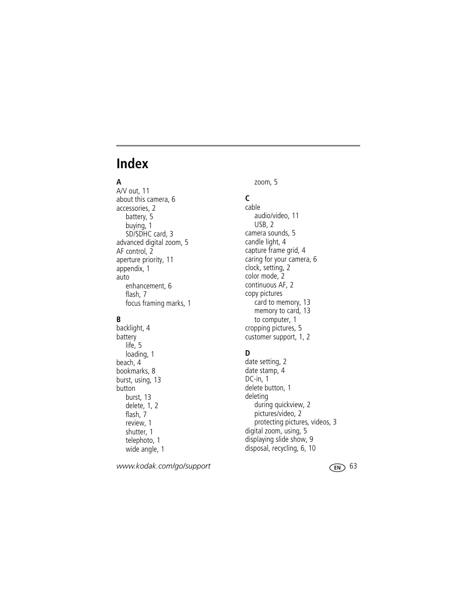 Index | Kodak ZD15 User Manual | Page 69 / 74