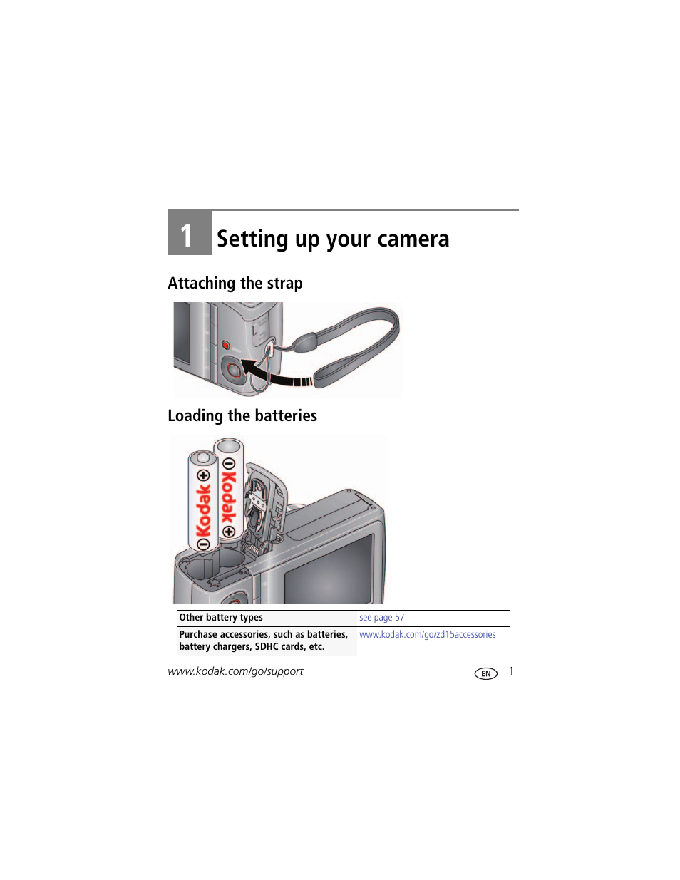 Setting up your camera, Attaching the strap, Loading the batteries | 1 setting up your camera, Attaching the strap loading the batteries | Kodak ZD15 User Manual | Page 7 / 74