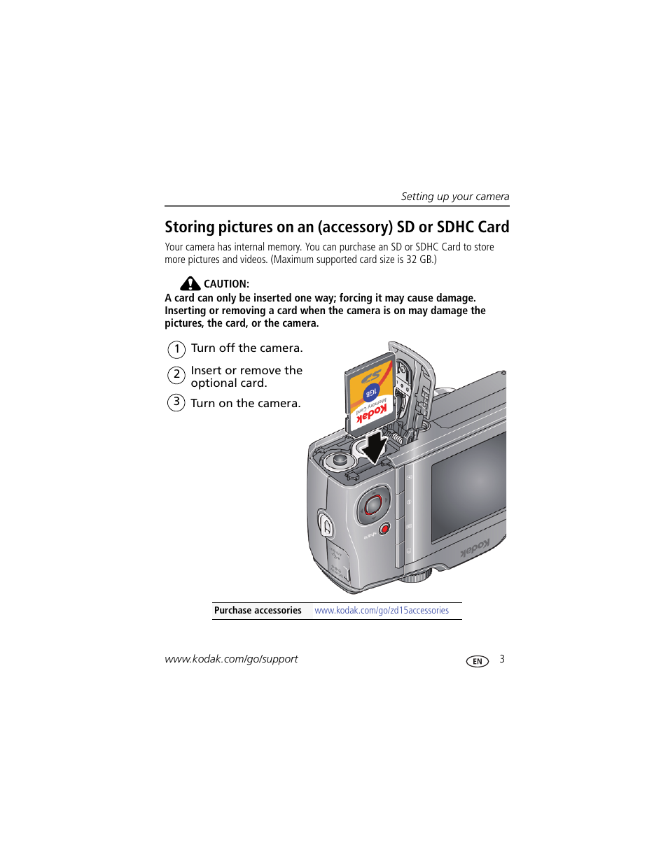 Storing pictures on an (accessory) sd or sdhc card | Kodak ZD15 User Manual | Page 9 / 74