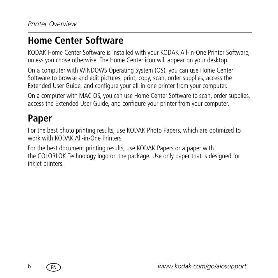 Home center software, Paper | Kodak ESP 3.2 User Manual | Page 10 / 31