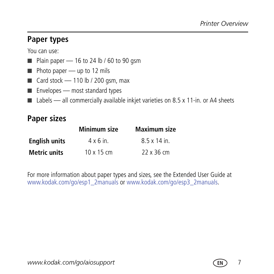 Paper types, Paper sizes | Kodak ESP 3.2 User Manual | Page 11 / 31