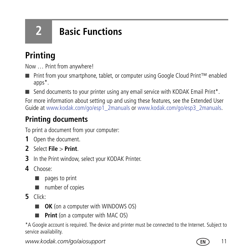 Basic functions, Printing, Printing documents | Kodak ESP 3.2 User Manual | Page 15 / 31