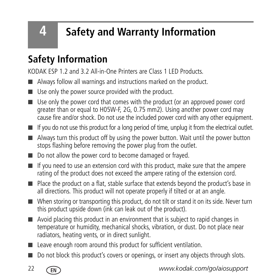 Safety and warranty information, Safety information | Kodak ESP 3.2 User Manual | Page 26 / 31