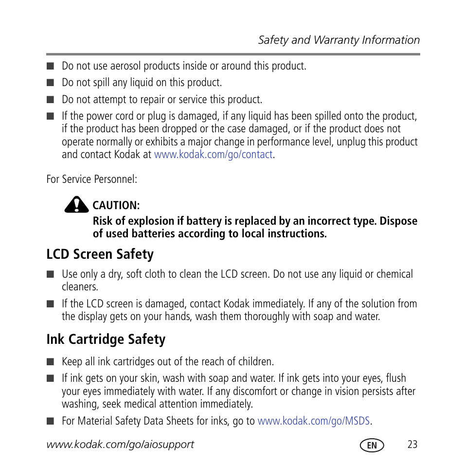 Lcd screen safety, Ink cartridge safety | Kodak ESP 3.2 User Manual | Page 27 / 31