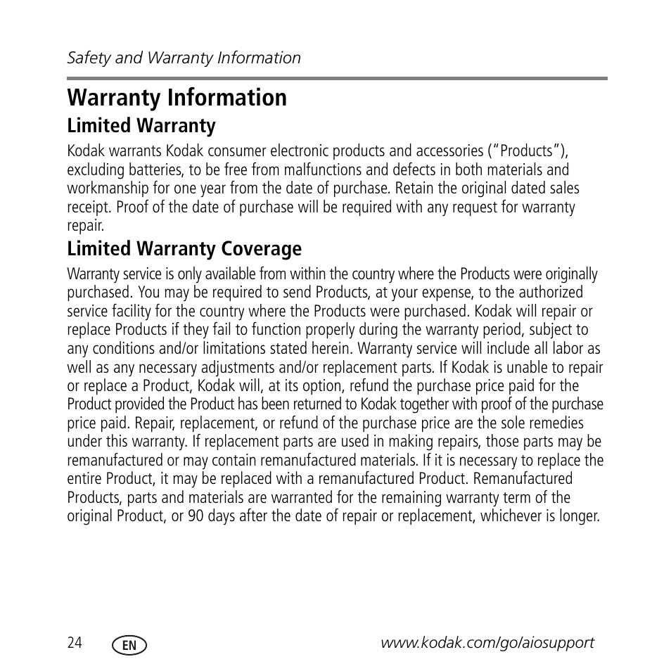 Warranty information | Kodak ESP 3.2 User Manual | Page 28 / 31