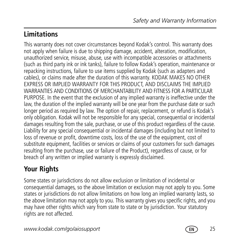 Limitations, Your rights | Kodak ESP 3.2 User Manual | Page 29 / 31